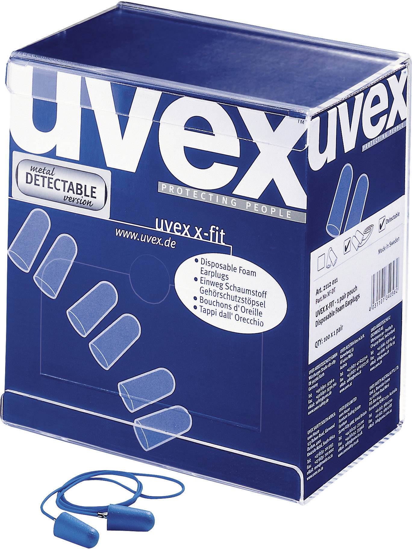 Blå æske med hvide skrifttyper 'uvex x-fit', indeholder ørepropper. Billede af ørepropperne på æsken.
