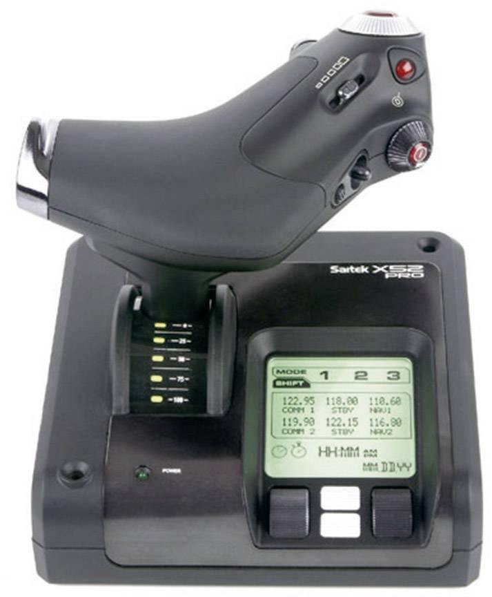 En sort joystick med flere knapper og et digitalt display på en base. Displayet viser frekvenser og modusindstillinger.