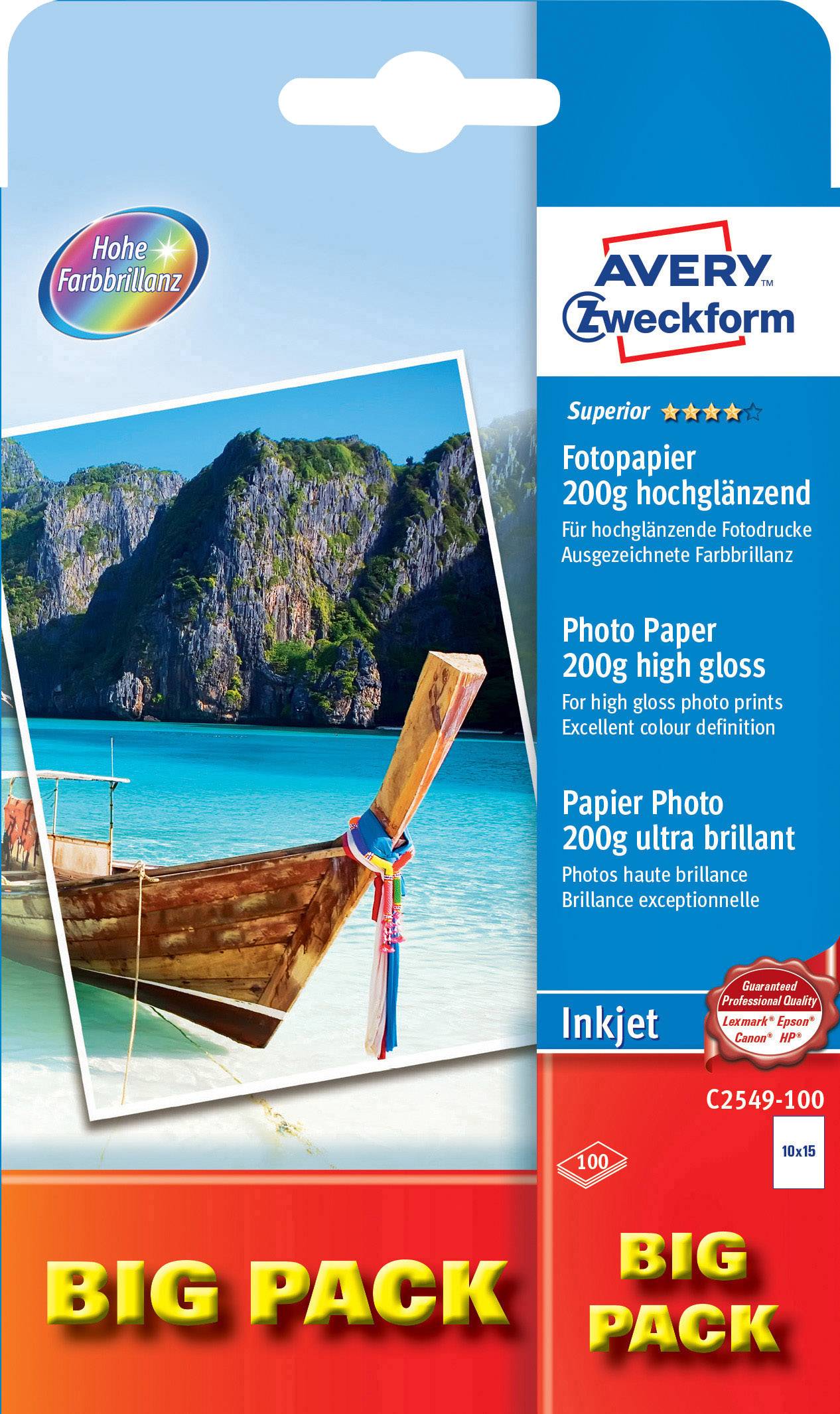 Avery-Zweckform Superior Photo Paper Inkjet BIG PACK C2549-100 Fotopapir 10 x 15 cm 200 g/m² 100 Blad Højglans