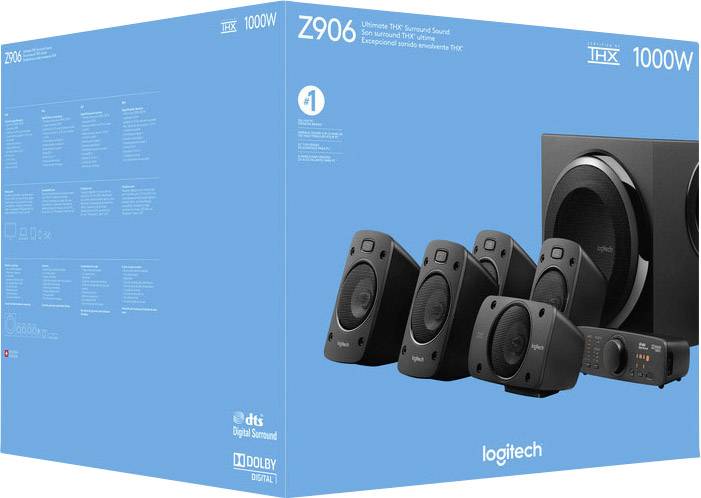 Logitech Z906 hjemmebiografpakke, viser flere sorte højttalere og en kontrolenhed, blåt design, 1000W effekt.
