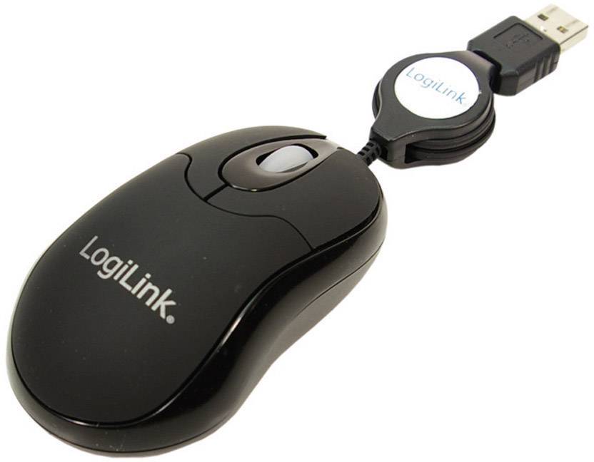 Sort kabelmus fra LogiLink med USB-stik og udtrækkelig ledning, velegnet til computerstyring og navigation.