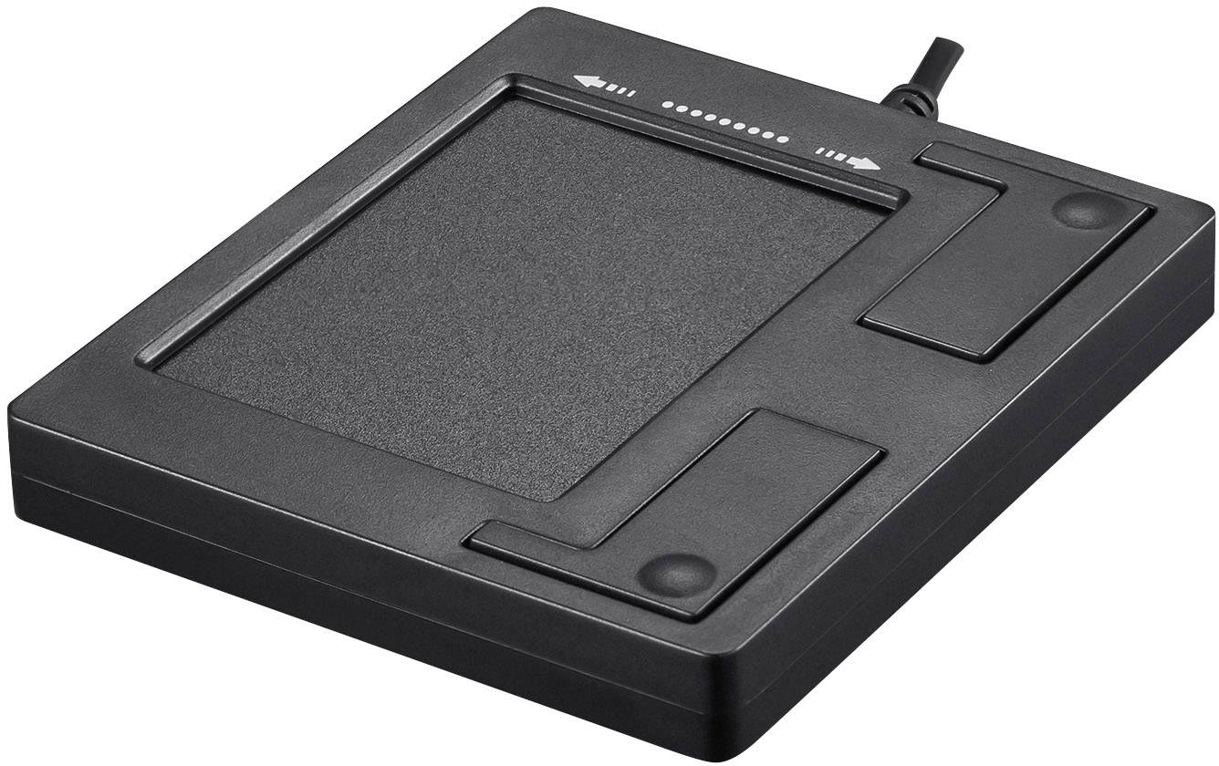 Et sort, rektangulært grafiktablet med flere knapper og et kabel. Det bruges til digital tegning og inputbehandling.