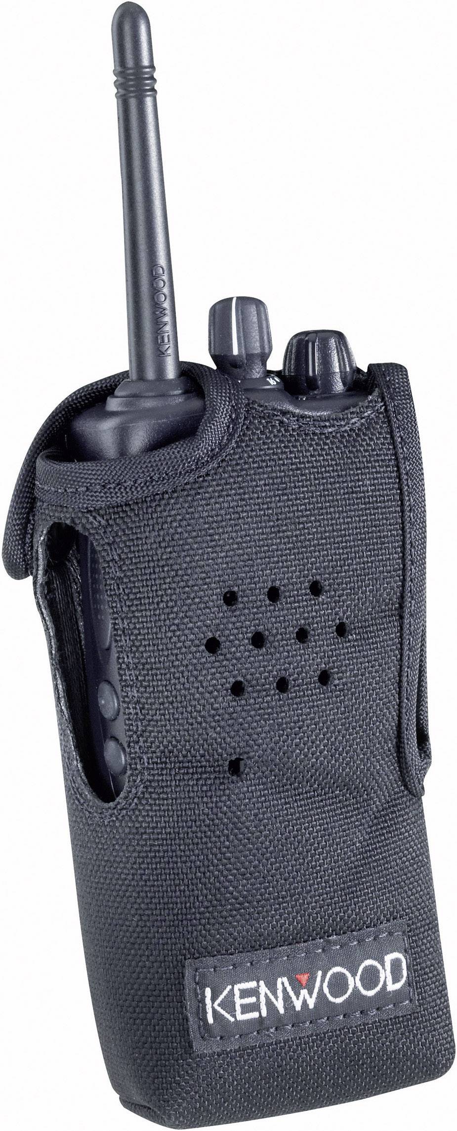 Et sort Walkie-Talkie i et stofetui med synlig antenne og drejeknapper. Mærket 'Kenwood' er synligt på etuiet.