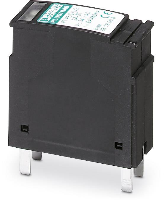 Sort elektronisk komponent, sandsynligvis et relæ eller modulstik, med to metalben i bunden og en etiket øverst.