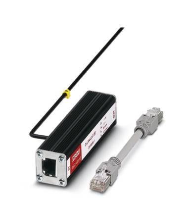 'Overspændingsbeskyttelsesudstyr til Ethernet-forbindelser med sort kabinet og kabel.'