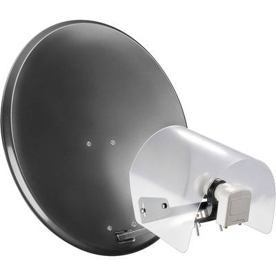 Parabol af metal med en LNB forrest, monteret på et beslag. Egnet til modtagelse af satellitsignaler.