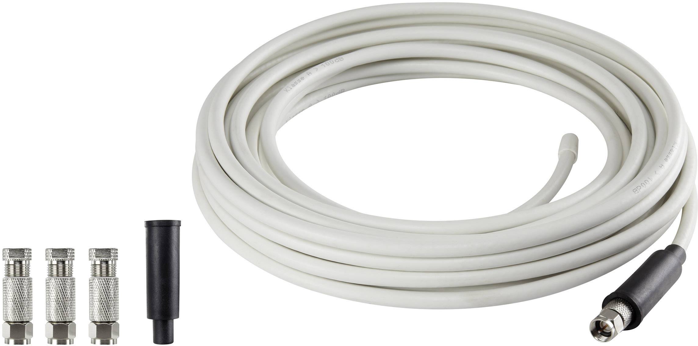 Koaksialkabelsæt med langt hvidt kabel, tre koaksialstik og en sort adapter, velegnet til TV- eller satellittilslutninger.