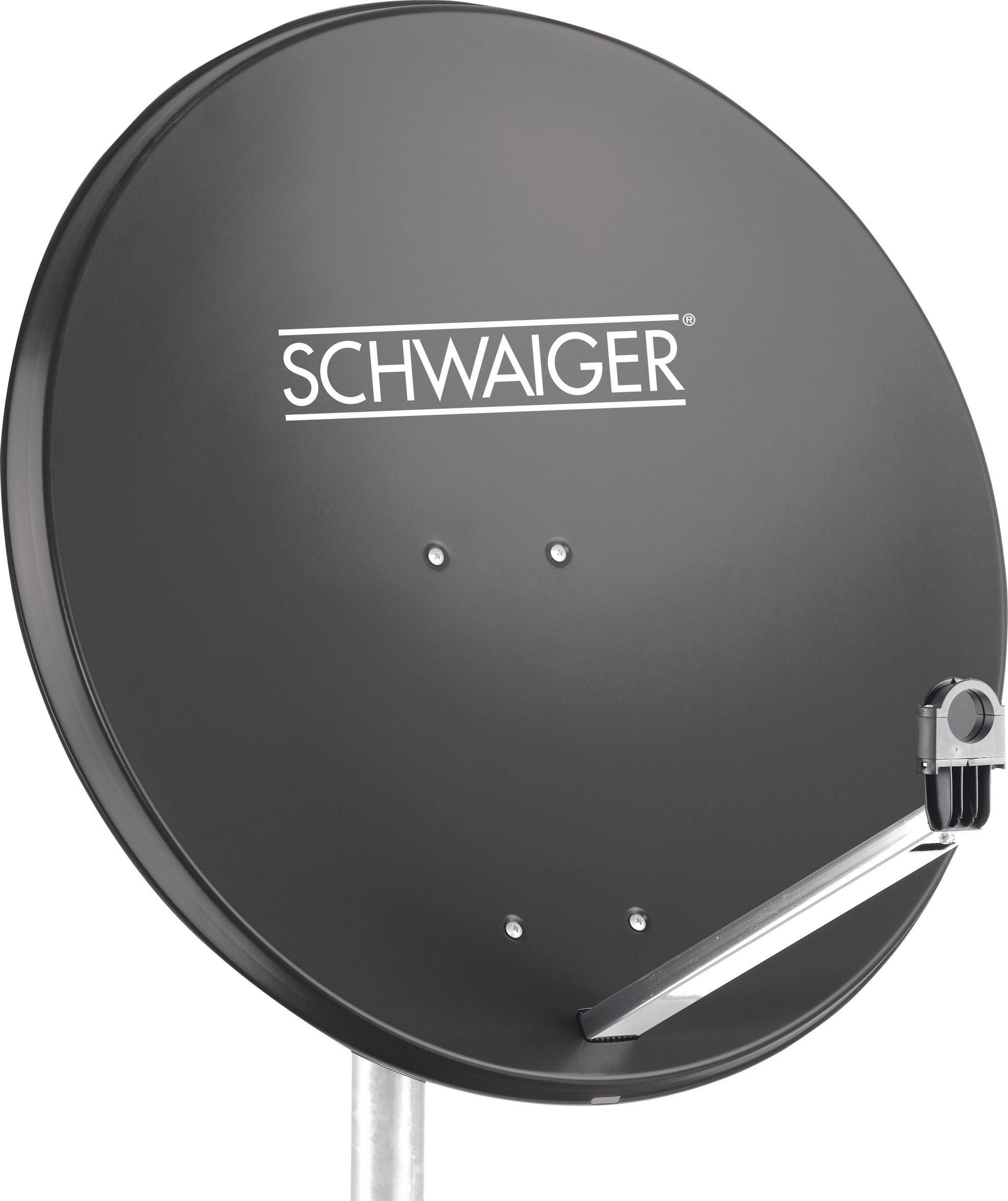 Parabol-antenne med påskriften 'SCHWAIGER', monteret på en mast.