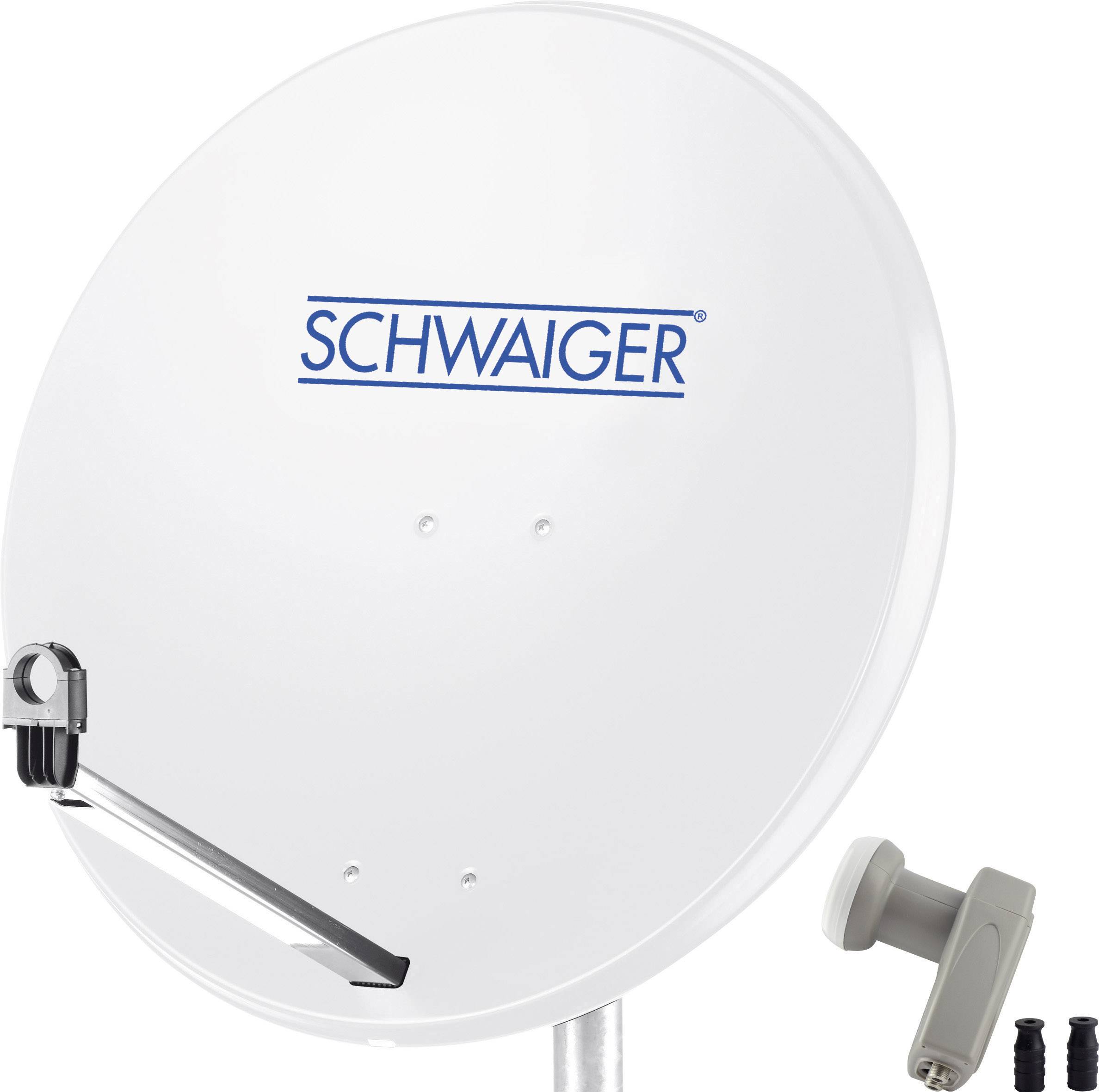 Parabol fra Schwaiger, monteret på en mast, med LNB og to skruedele.