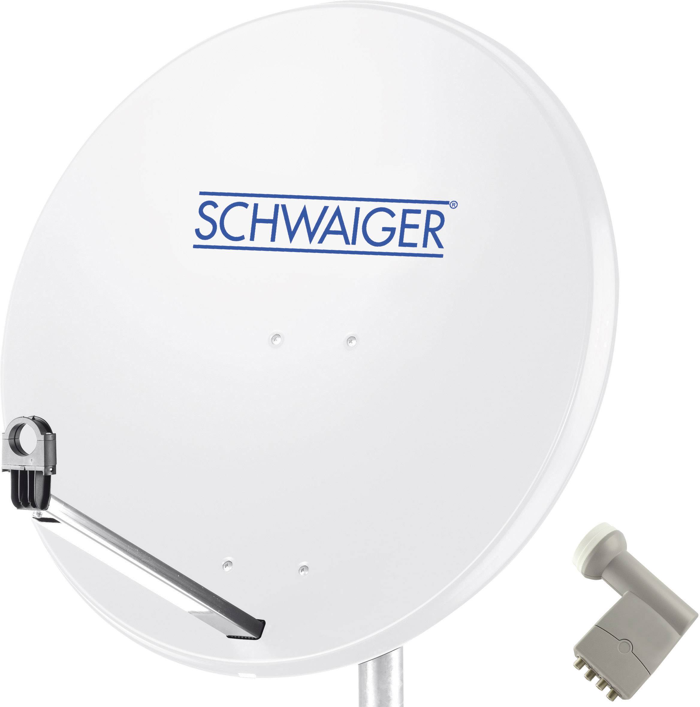 Parabol med påskriften 'Schwaiger', hvid overflade, monteret på en mast.