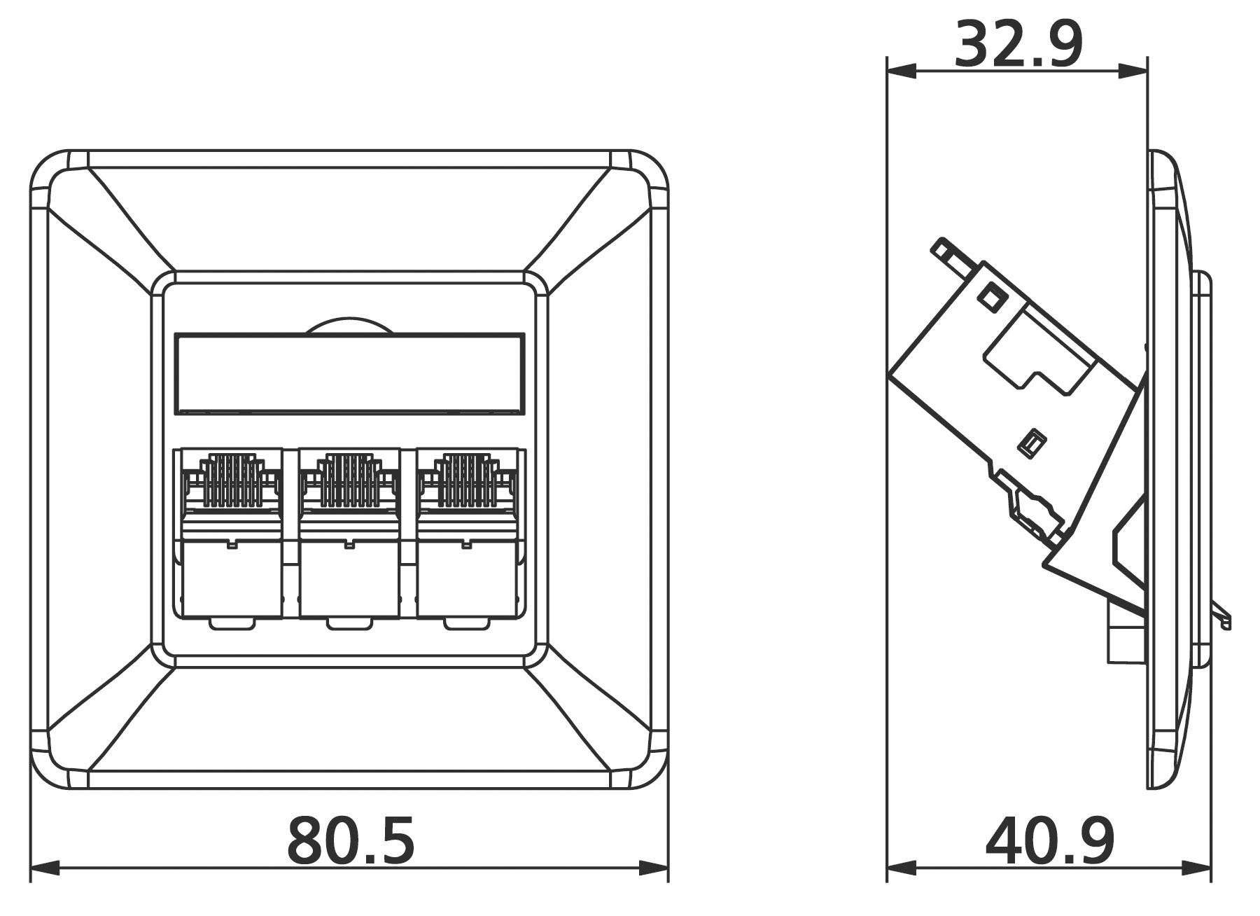 Illustration af et netværksstik med tre RJ45-stik. Målene er: Bredde 80,5 mm, højde 32,9 mm, dybde 40,9 mm.