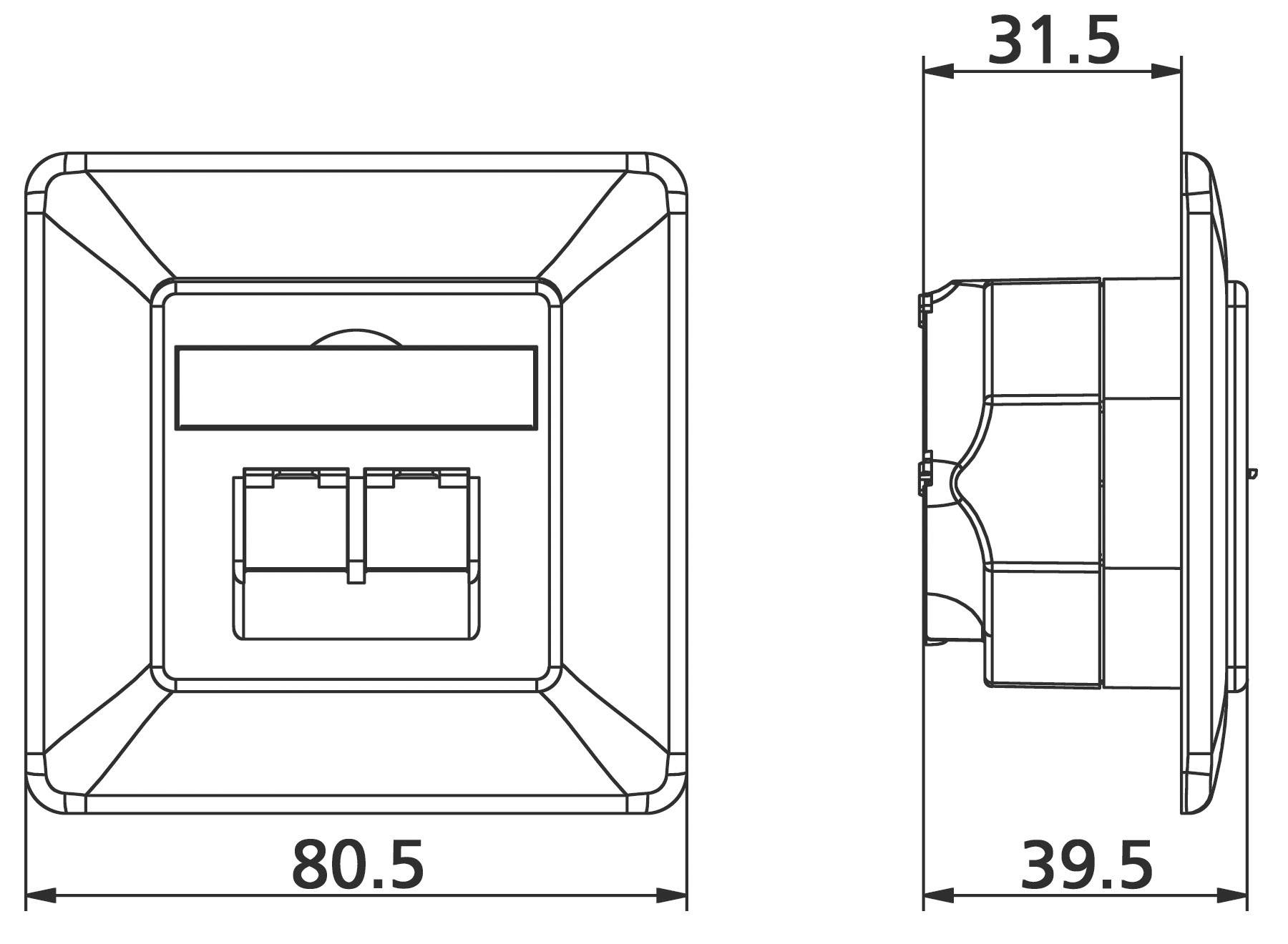 Figuren viser en teknisk tegning af en firkantet kontakt med dimensionerne 80,5 mm bredde og 39,5 mm dybde.