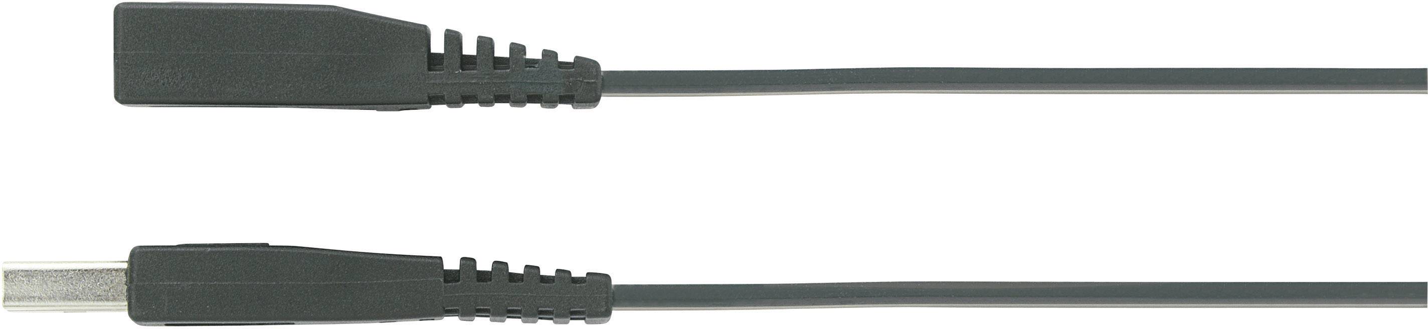 Et sort USB-kabel med en firkantet stik øverst og en standard USB-stik nederst på en hvid baggrund.