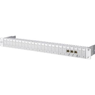 Patchpanel med 24 porte, nummereret fra 1 til 24, kan monteres i et rack. To porte er forbundne.