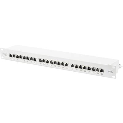 24-ports patchpanel med CAT.6A-tilslutninger, hvidt kabinet, egnet til rackmontage.