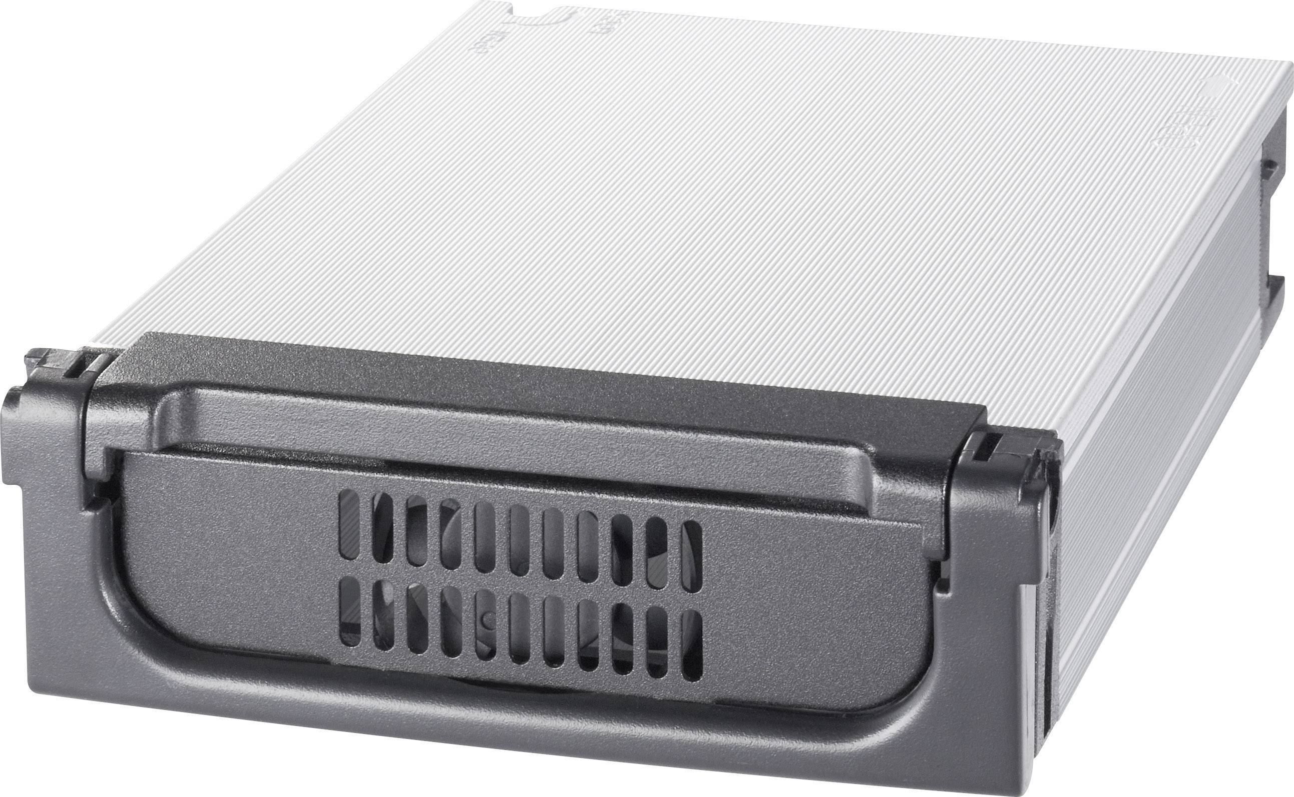Harddisk-kabinet med sort håndtag og sølvfarvet kabinet, til lagring af data i en computer.