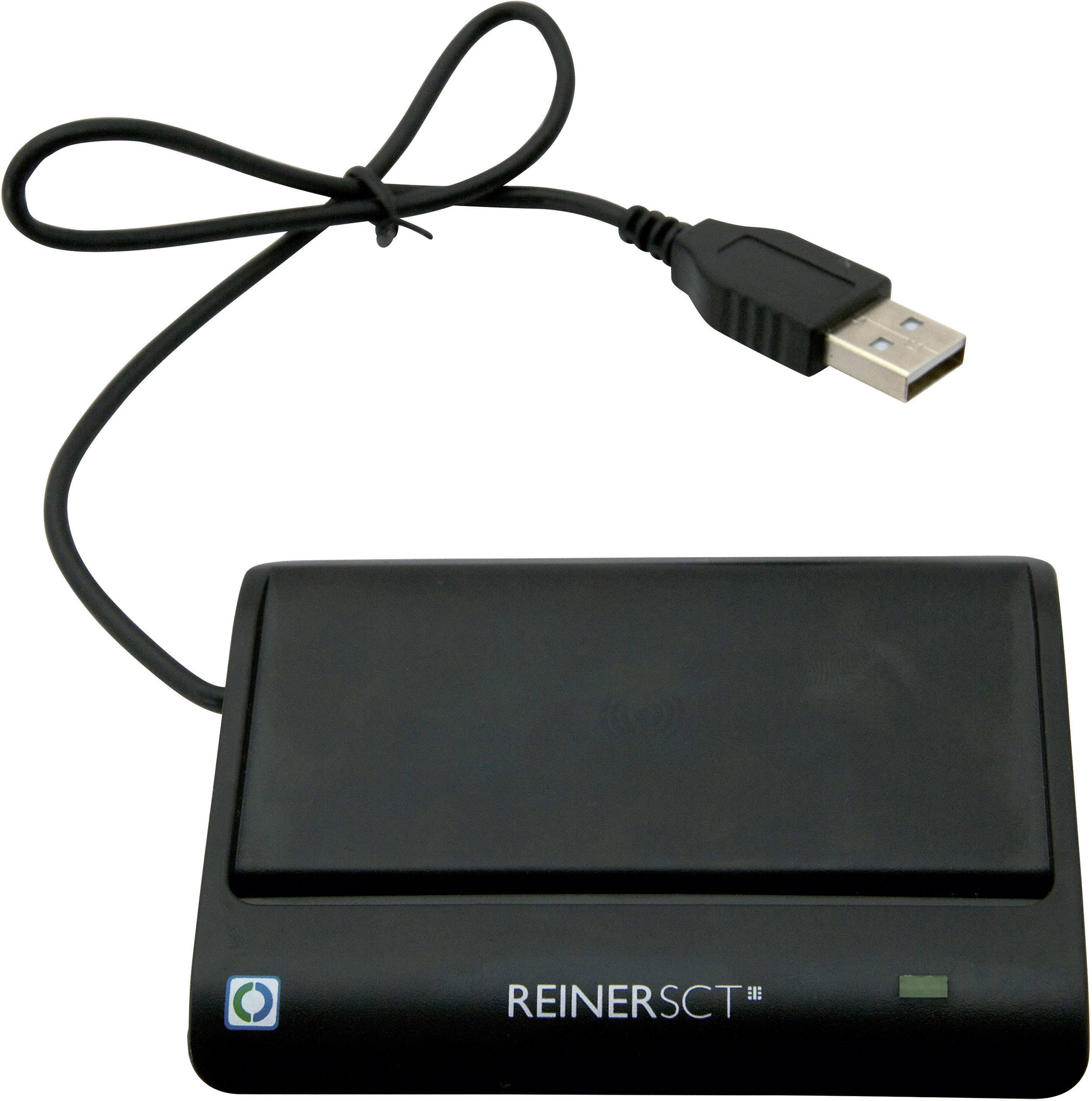 Kortlæseenhed med USB-tilslutning og sort kabinet, til digitale applikationer, mærket med 'REINERSCT'.