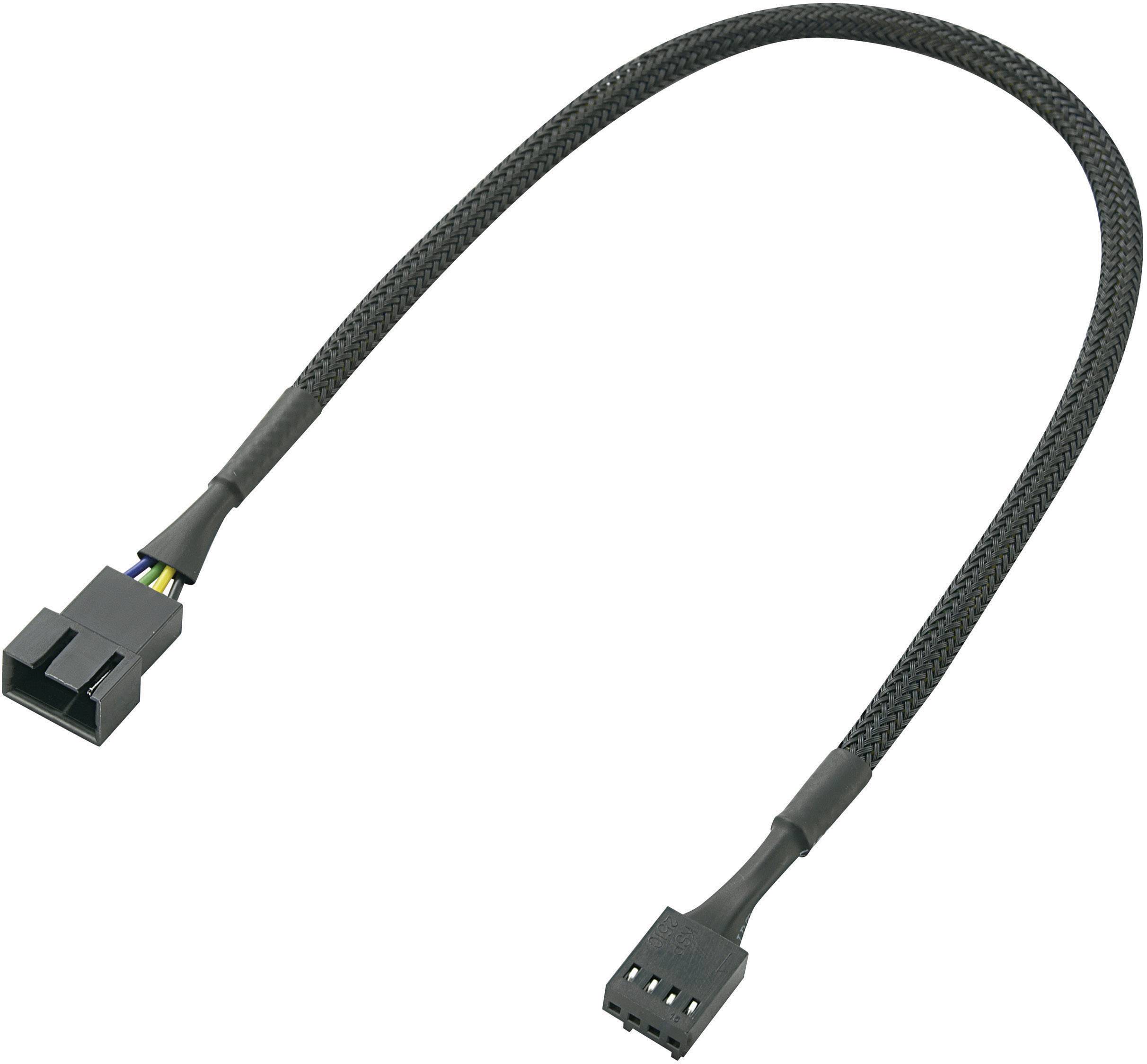 Et sort forlængerledning med sleeve, forsynet med en 4-polet stik i hver ende, bruges til forbindelser mellem computerkomponenter.