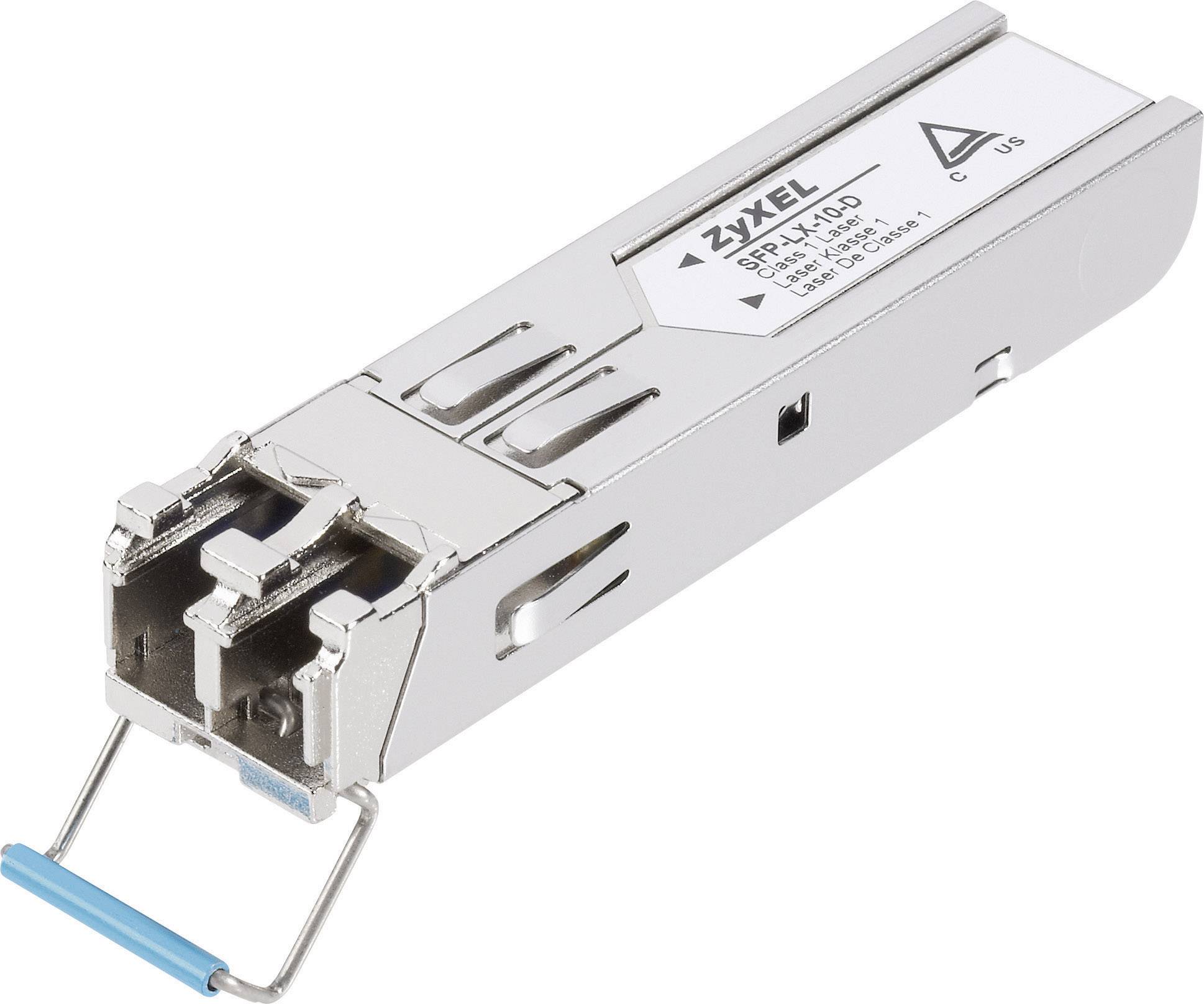 Et sølvfarvet netværksmodul med en blå trækflig og påskriften 'ZyXEL SFP-BX10D'. Det bruges i netværksudstyr.