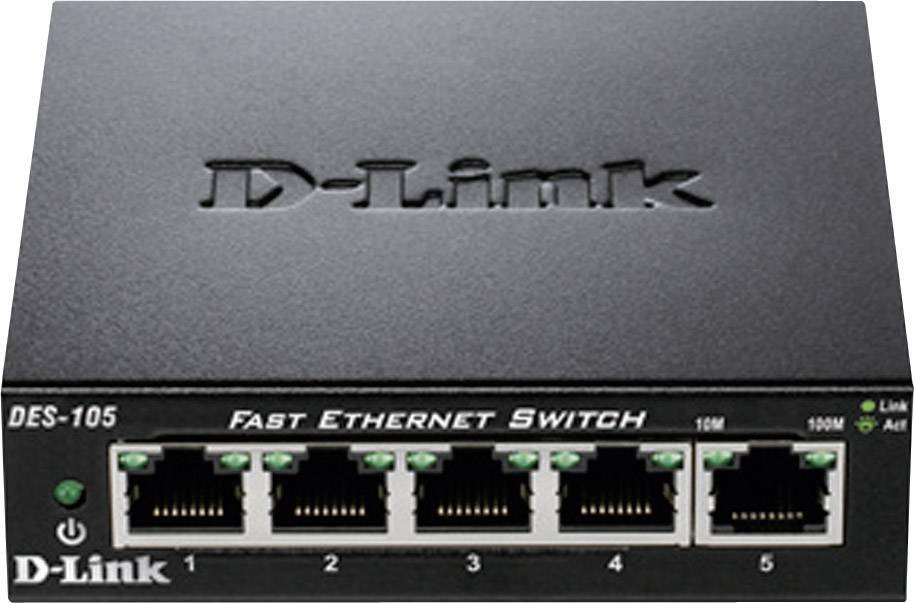 En sort D-Link Fast Ethernet switch, model DES-105, med fem Ethernet-porte på forsiden.