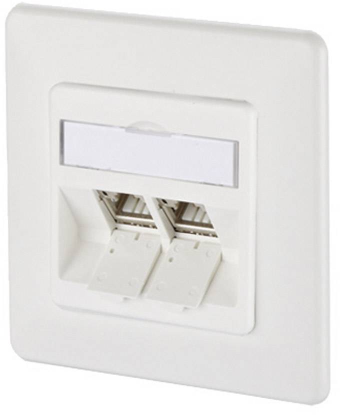 Hvid vægstikdåse med to Ethernet-tilslutninger. Ingen kabler tilsluttet. Ideel til internetforbindelser i bygninger.