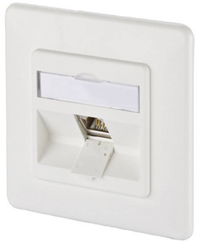 Netværksstik i en hvid vægplade, egnet til Ethernet-forbindelser på et kontor eller hjemme.