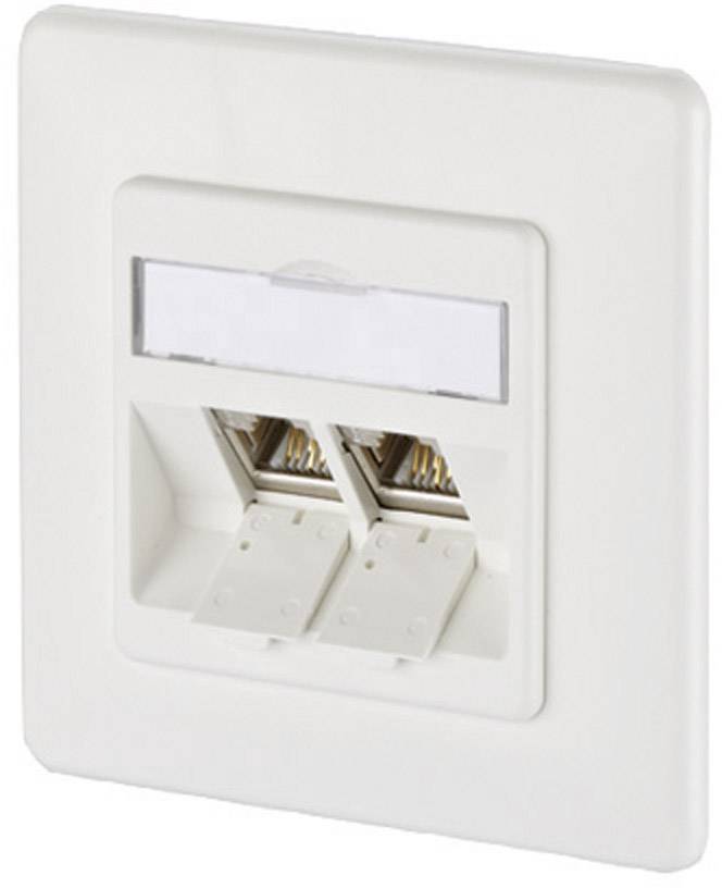 Dobbelt LAN-vægstik i hvid med to RJ45-porte, velegnet til netværksforbindelser i kontorer eller boliger.