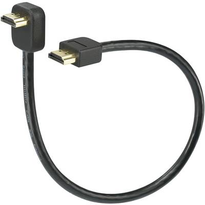 Et sort HDMI-kabel med to guldbelagte stik i enderne, bøjet fleksibelt.