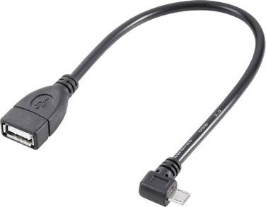 Sort OTG-kabel med USB-A-stik og Micro-USB-stik, velegnet til at forbinde mobilenheder med USB-tilbehør.
