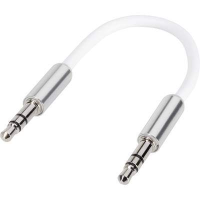 Et kort hvidt lydkabel med to sølvfarvede 3,5 mm jackstik i hver ende.
