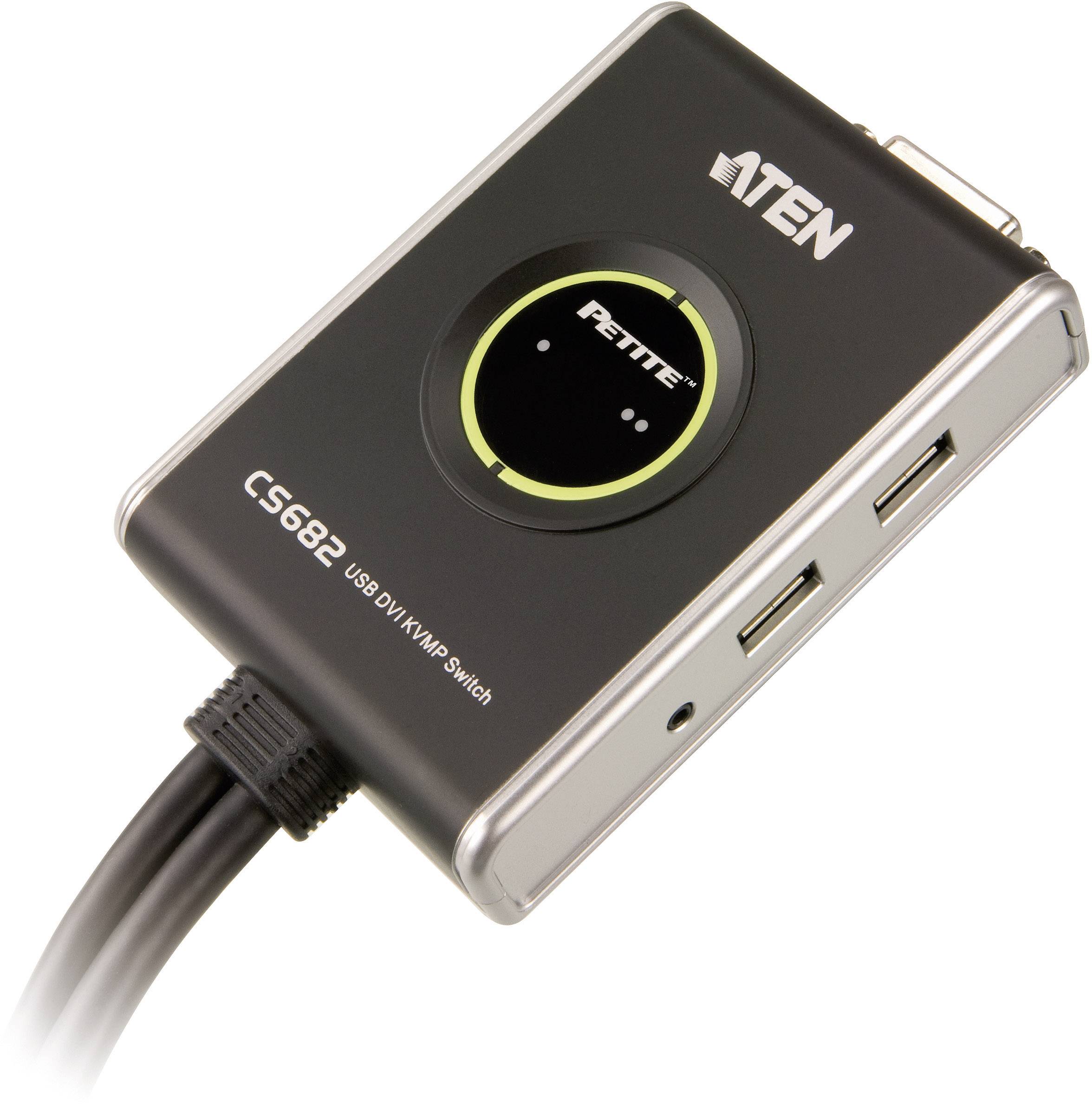 En USB DVI KVM-switch fra ATEN med to USB-porte ved siden.
