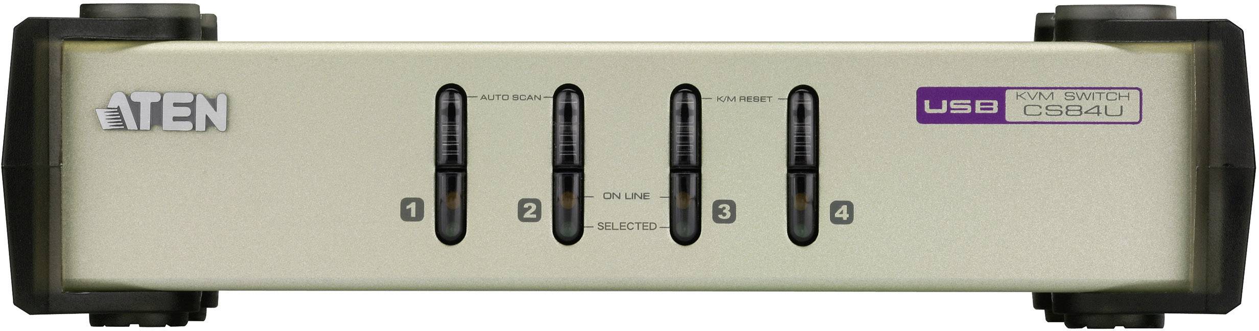 En sølvfarvet KVM-switch med fire port-LED'er på forsiden. Mærket 'ATEN', USB-understøttelse. Model CS84U.