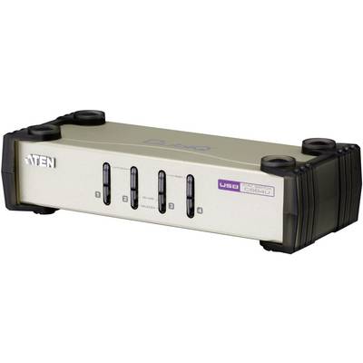 En sølvfarvet USB-periferienhed-switch med fire nummererede porte, omgivet af sort beskyttelsesmateriale ved hjørnerne.