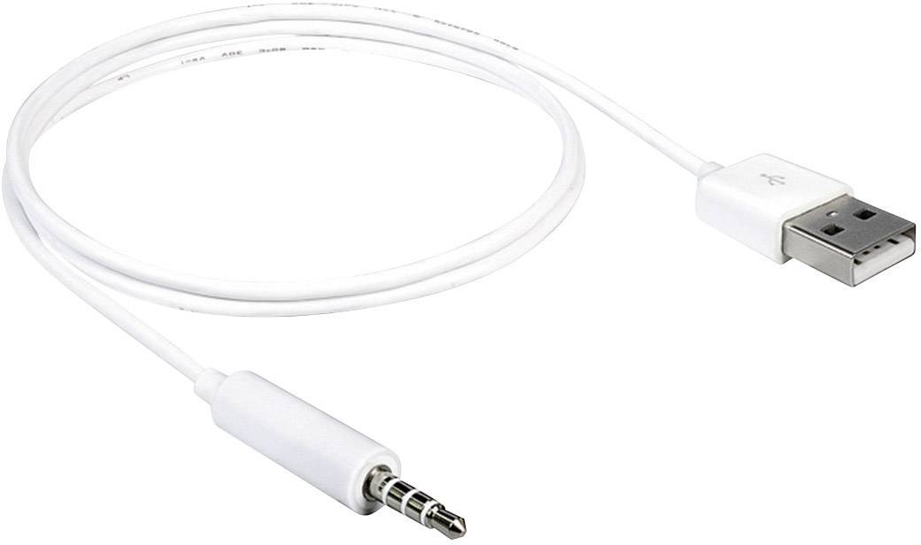 Et hvidt kabel med en USB-stik i den ene ende og et 3,5 mm jackstik i den anden ende.