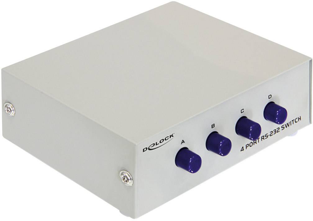 En grå Delock 4-port RS-232 switch med fire blå drejeknapper, mærket A, B, C og D på forsiden.