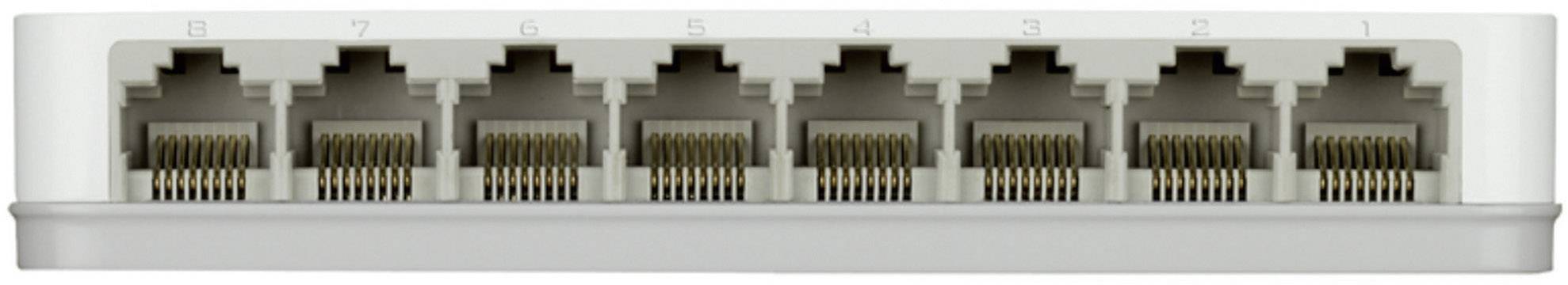 Sjette port Ethernet-switch i nærbillede, viser seks RJ-45 netværksstik til forbindelser i et netværk.