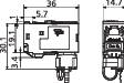 Teknisk tegning af en komponent med dimensioner i millimeter: 36, 14,7, 5,7, 30,1, 34,1, 19,1. Viser for- og sidevisning.