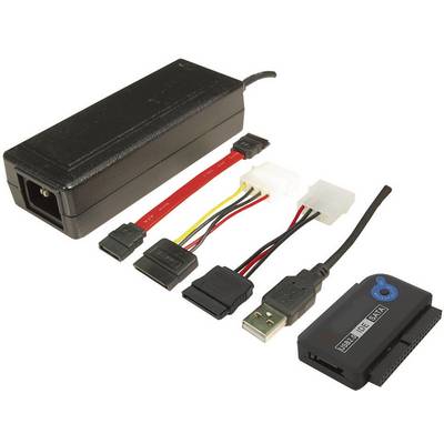 Adapter-sæt til tilslutning af SATA- og IDE-harddiske via USB, inklusiv strømforsyning og forskellige kabelstik.