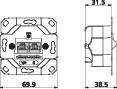 Teknisk tegning af en elektrisk kontakt med dimensioner: Bredde 69,9 mm, højde 31,5 mm, dybde 38,5 mm. Venstre side forfra, højre side fra siden.