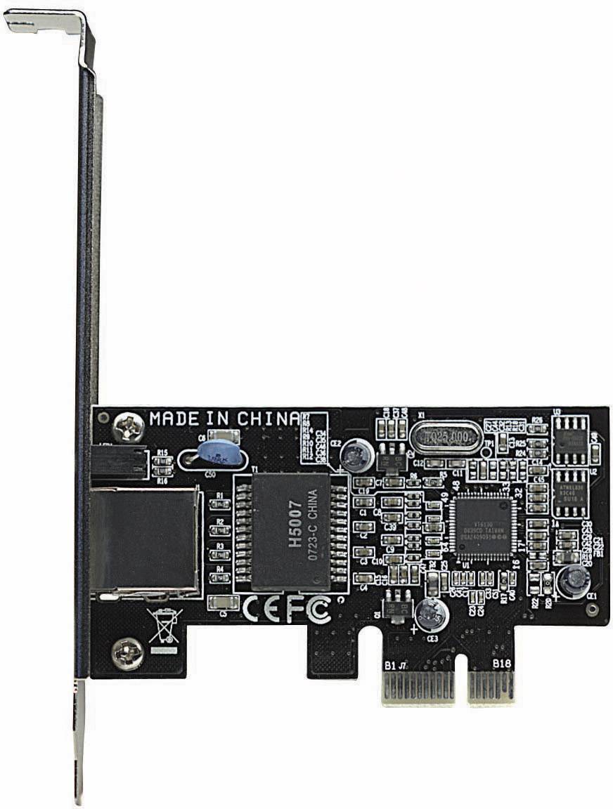 Et PCIe-Ethernet-netværkskort med elektroniske komponenter og mærkater, fremstillet i Kina.