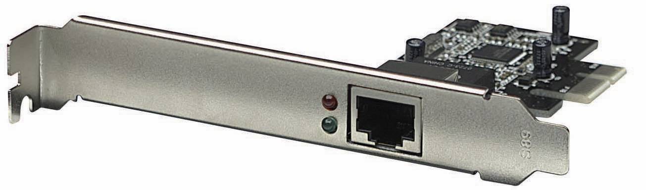 Et PCI-netværkskort med en Ethernet-forbindelse og to statuslys, egnet til stationære computere.