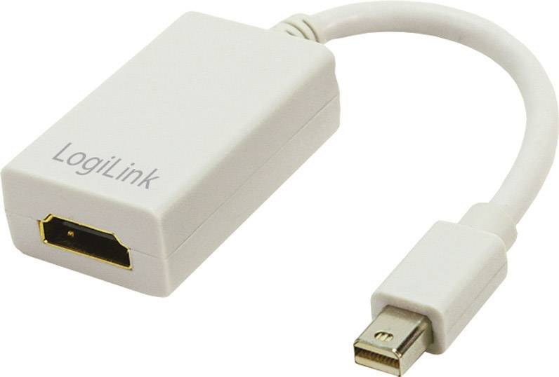 En hvid LogiLink Mini DisplayPort til HDMI-adapter med et kort kabel.