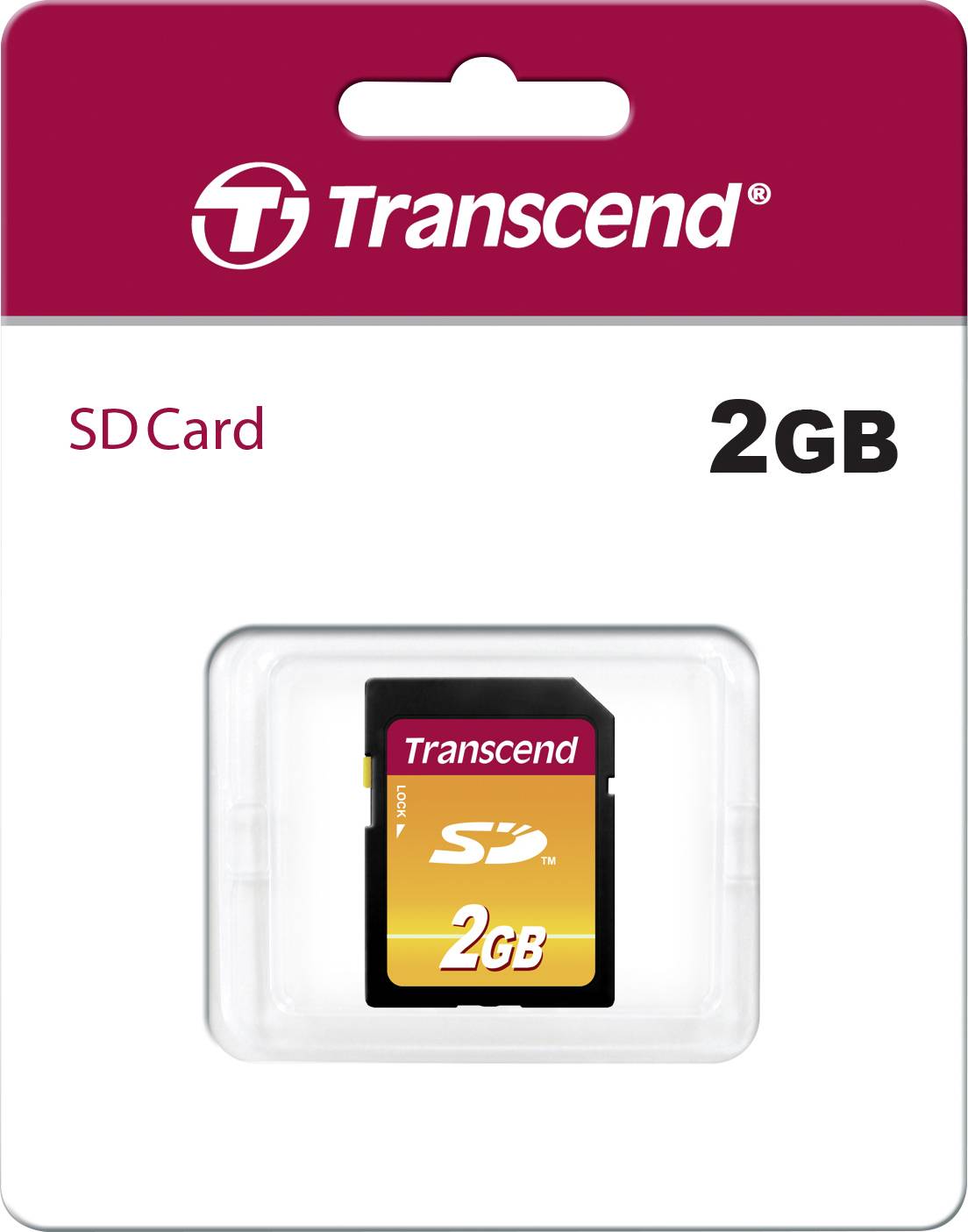 Transcend SD-kort med 2 GB kapacitet i rød og hvid emballage.