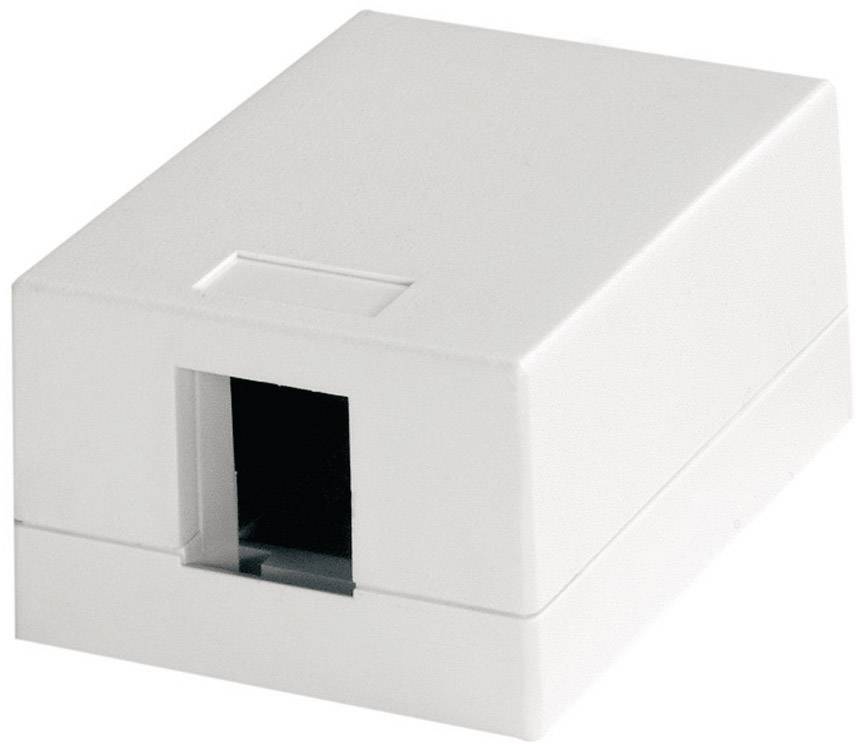Hvid netværksstikdåse med et stik, egnet til Ethernet-kabelforbindelser. Rektangulær form med enkelt, glat overflade.