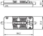 Teknisk tegning af en elektrisk komponent med dimensioner på 54,2 x 30,1 x 17,2 mm, som viser interne komponenter og tilslutningsdetaljer.