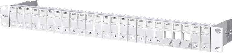 Patchpanel med 24 porte, nummereret fra 1 til 24. Det bruges til tilslutning og organisering af netværkskabler i et rack.
