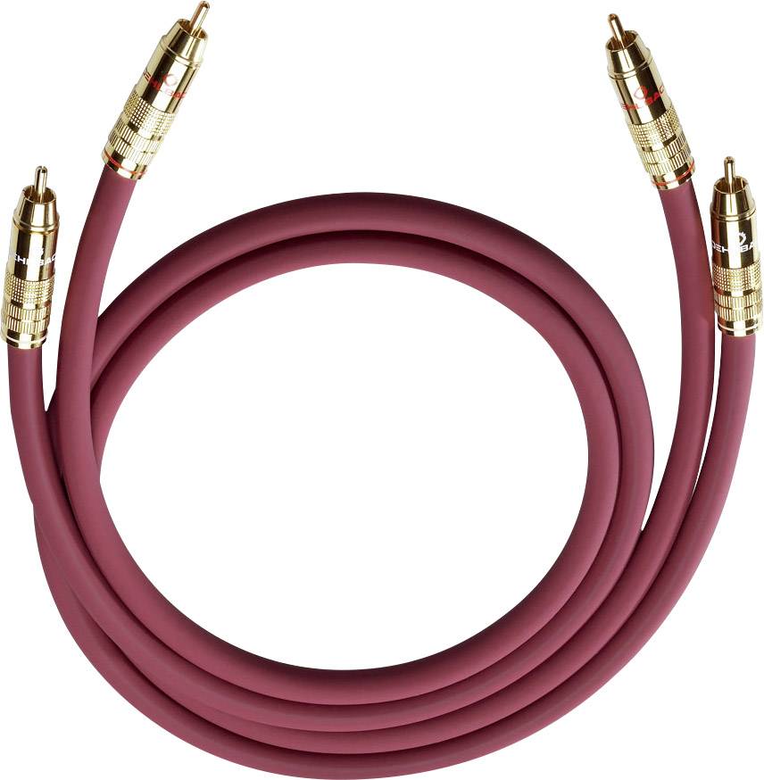 To rødbrune audiokabel med forgyldte stik, som er rullet op i en ring. Egnede til audioforbindelser eller højttalersystemer.