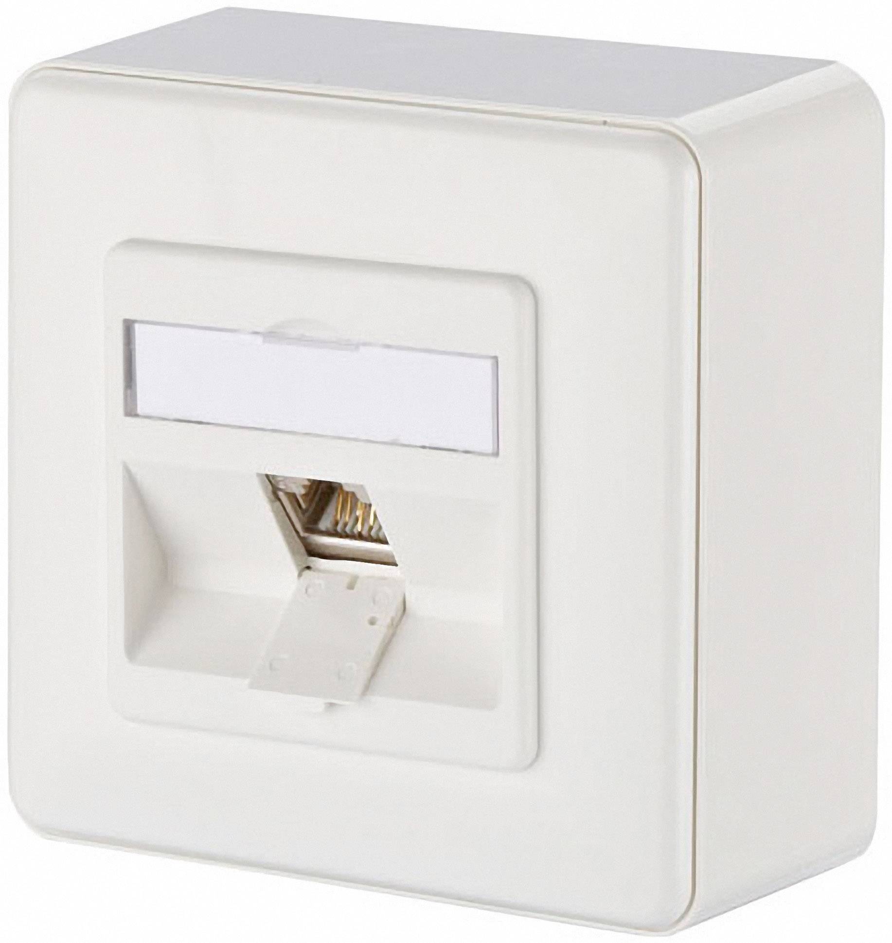En hvid Ethernet-vægstikdåse med et RJ45-stik i midten, egnet til netværksforbindelser indendørs.