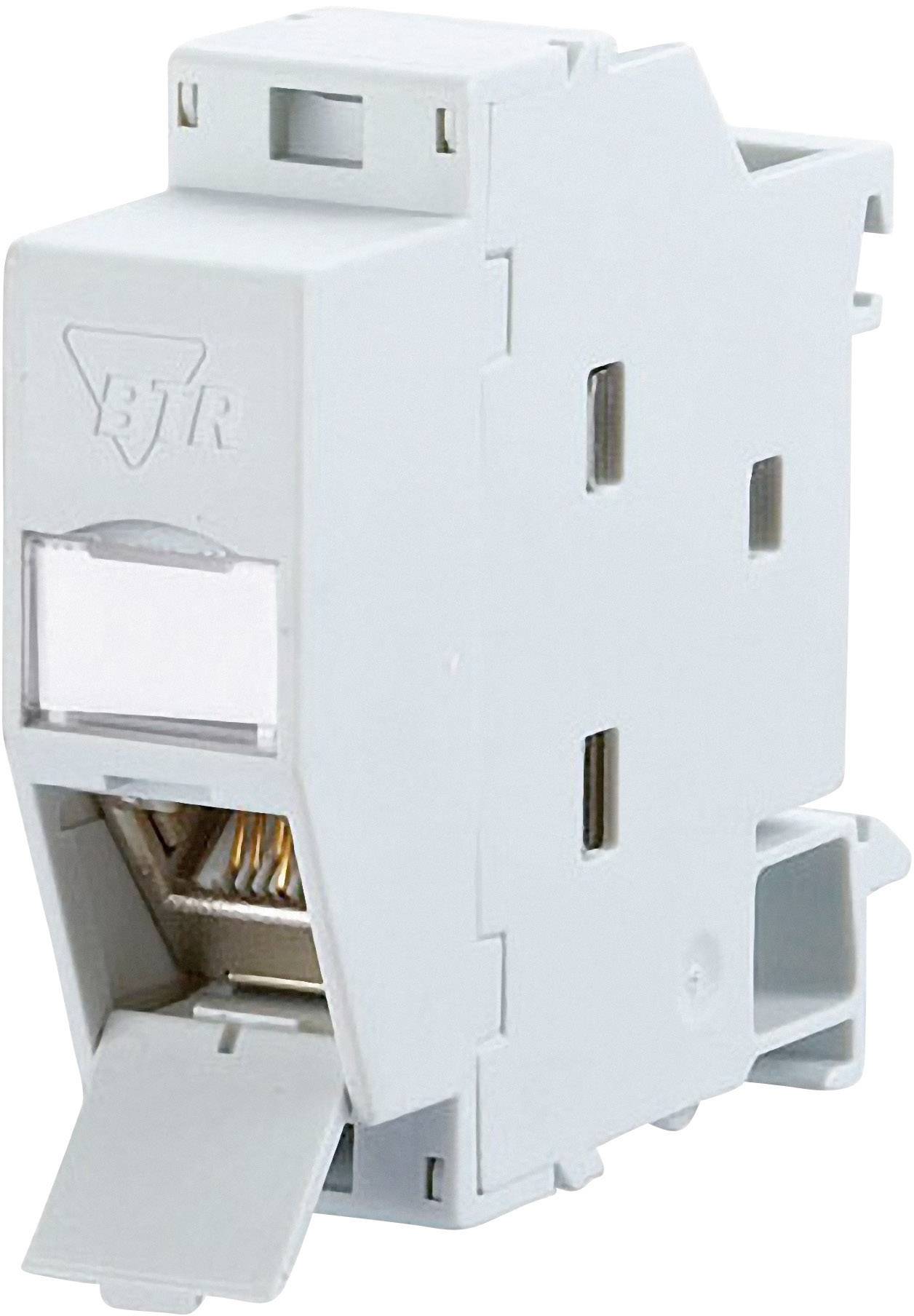 Et grå netværksmodul med åben RJ45-port, med synligt varemærkelogo 'BTR', egnet til montering i el-tavle.