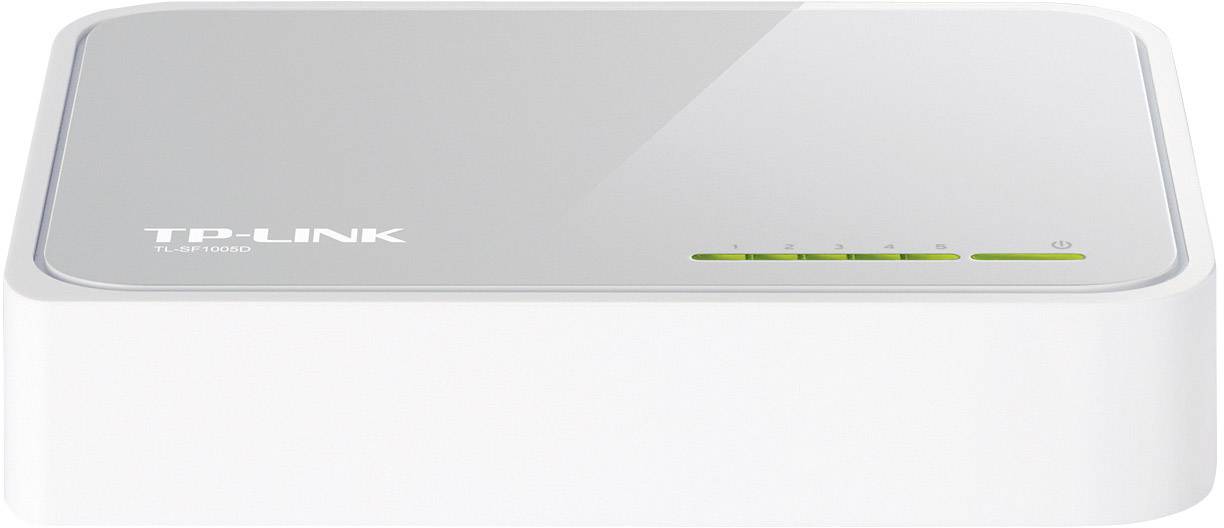En hvid TP-Link netværksswitch med fem Ethernet-porte og LED-indikatorer på forsiden.